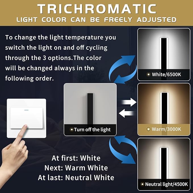 Modern 23.6inch Outdoor Wall Light, 3000k/4500k/6000k 3 Color Change Black Exterior Light Fixtures Wall Mount, Ip65 Waterproof Modern Porch Lights Non-Dimmable, Long Linear Outside Lighting Hard-Wired