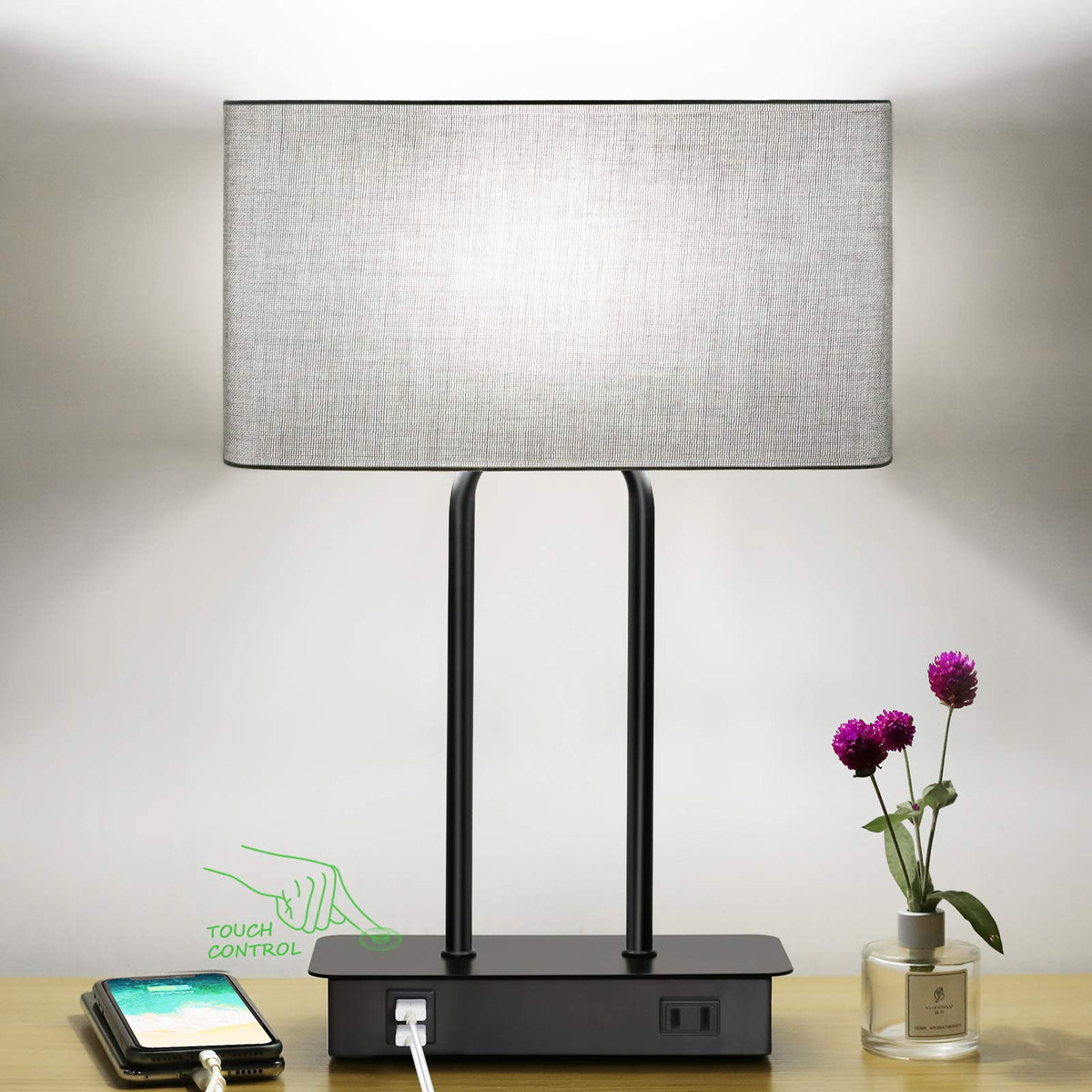 Lakumu Bedside Touch Control Table Lamps with Dual USB Charging Ports 1 AC Outlet, 3 Way Dimmable Modern Nightstand Lamp with Grey Fabric Shade, Desk Lamp for Bedroom Living Room with 5000K LED Bulb