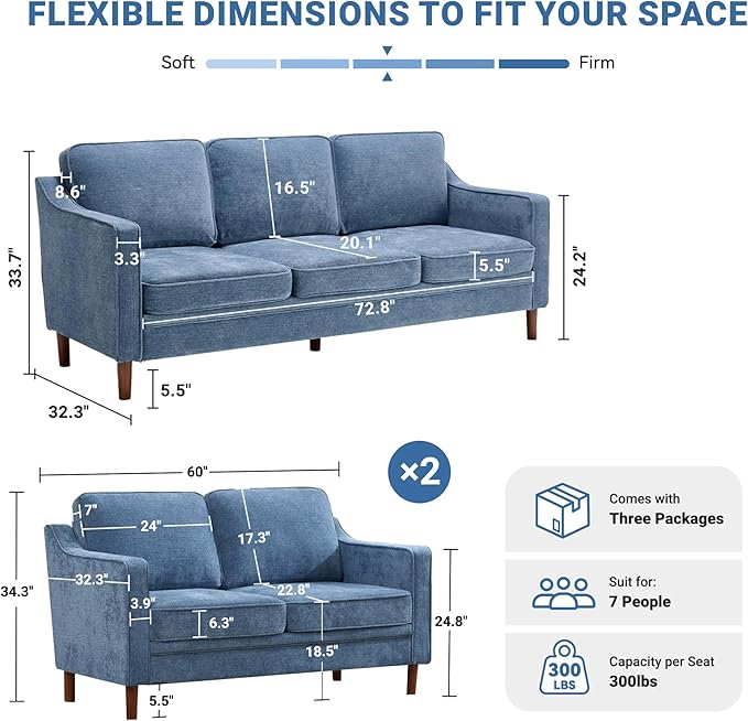 Kingfun Living Room Furniture Sets, Armchair and 2 Loveseat, Mid Century Modern Sofa Set, Chenille Couch with Solid Wood Frame for Living Room & Bedroom, Light Blue