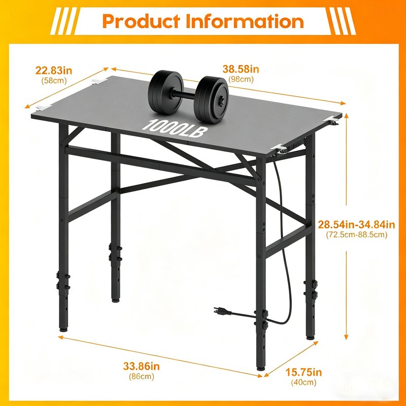 Small Workbench, 1000 Lbs Metal Work Benches for Garage, 38.58" Adjustable Work Table with Power Strip Sewing Table Workshop Home DIY