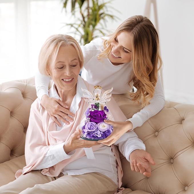 Gifts for Women, Christmas Decorations Flowers for Delivery Fresh Bouquet Forever Preserved Flowers Real Rose Angel Figurine Glass, Xmas Decor Gifts for Mom Grandma Wife Sister, Purple