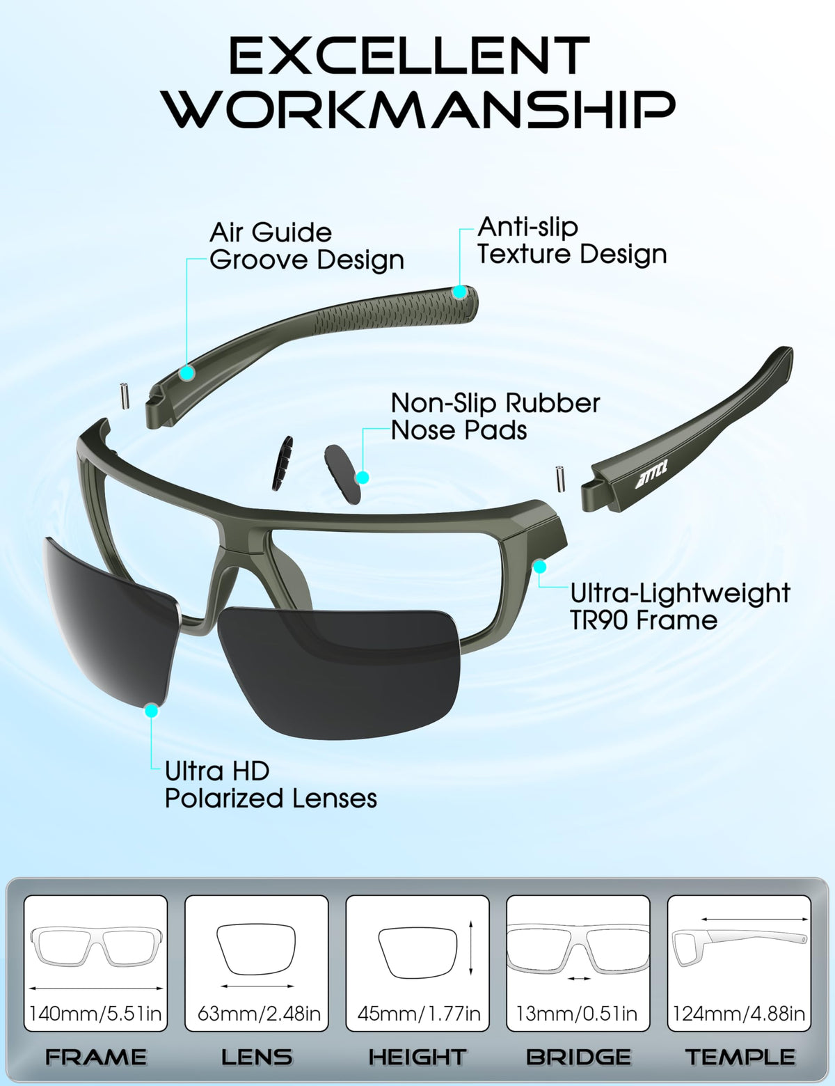 ATTCL Polarized Sunglasses Men for Fishing: UV Protection Lightweight TR90 Sports Wrap Sun Glasses Driving Golf Cycling Running 5001 Green+frame