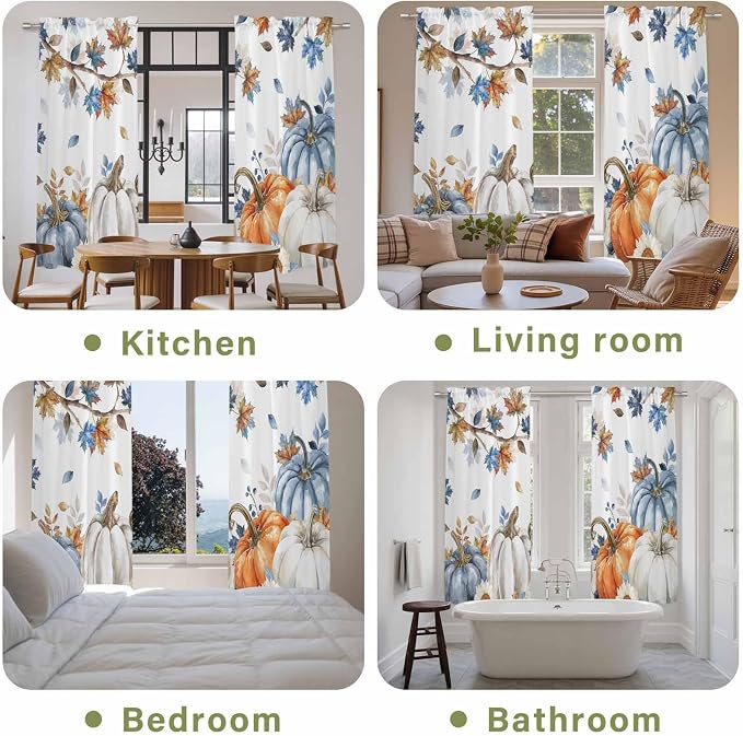 Navy Blue Pumpkin Fall Window Curtains 72 Inch Long 2 Panel Set, Rod Pocket