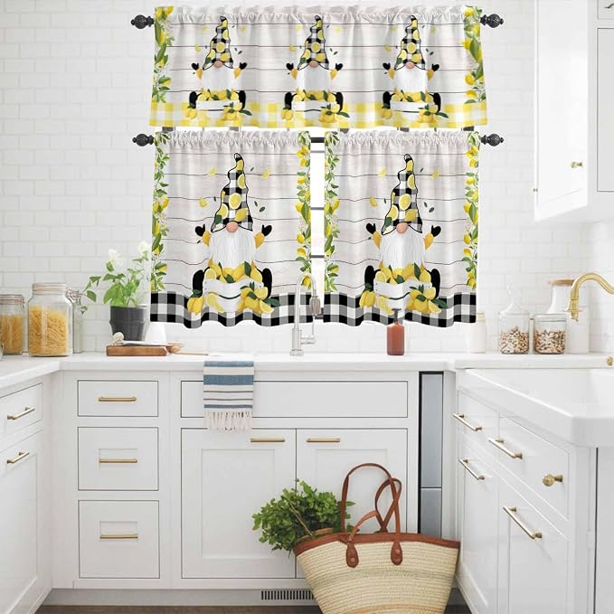 Lemon Gnomes Kitchen Curtains Set 3 Piece