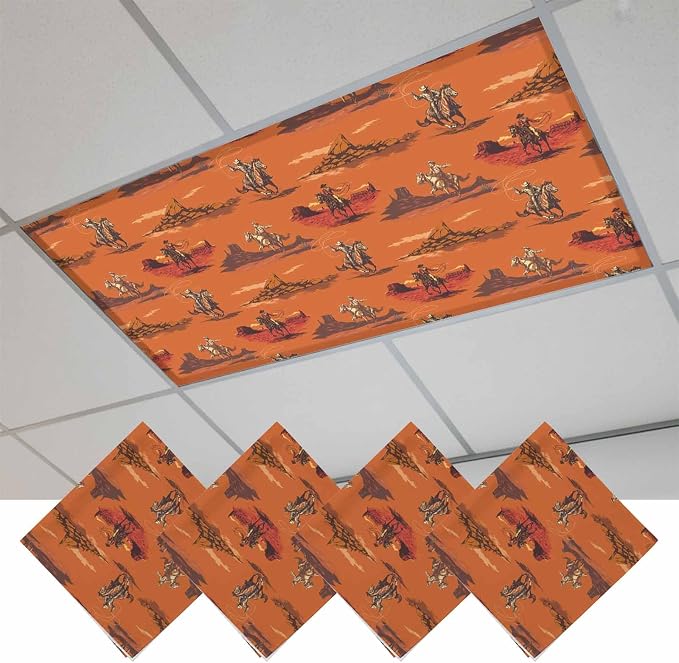 Cowboys Horses 4 Pcs Fluorescent Light Covers 4 x 2 Feet, Desert Ethnic Winds