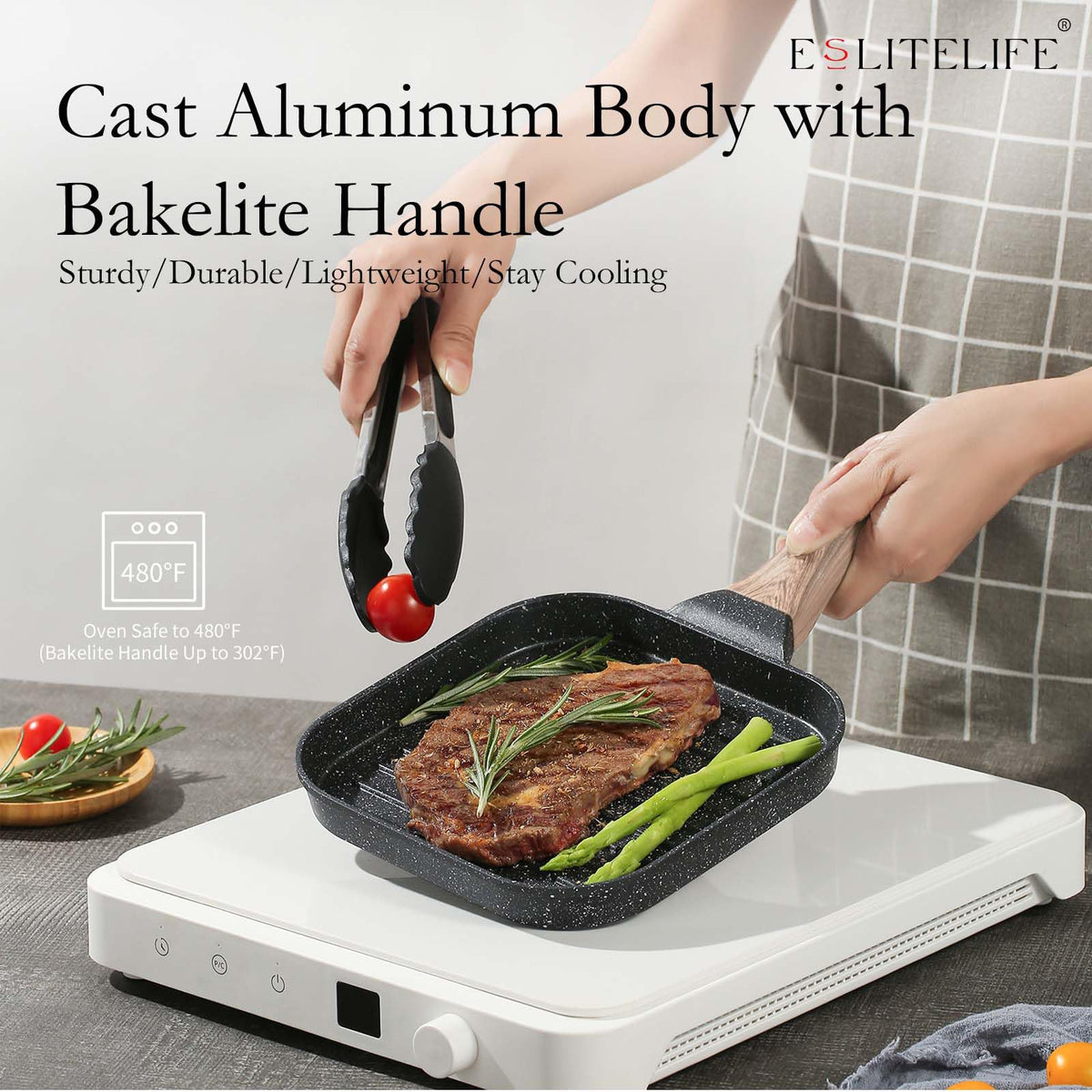 ESLITE LIFE Nonstick Grill Pan for Stove Tops, Versatile Griddle with Pour Spouts, 9.5 Inch Square Big Grilling Skillet Steak Pan for Indoor & Outdoor Cooking, PTFE & PFOA Free, Black