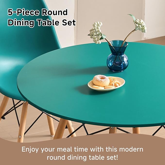 31.5'' 5 Piece Round Dining Table Set for 4, Mid-Century Modern Table with Chairs, Space Saving, Plastic Seats, Wood Legs, Circle Dinner Table for Kitchen, Home, Apartment, Green