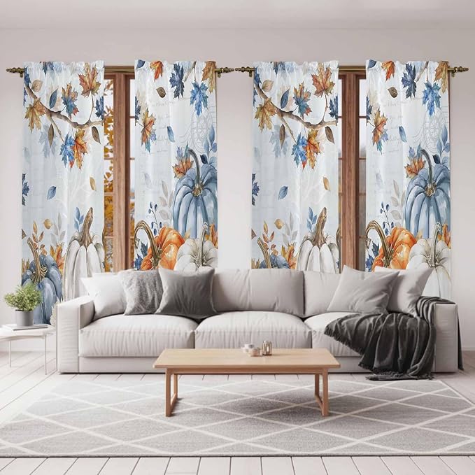 Fall Blue Maple Window Curtains 72 Inch Long 2 Panel Set, Rod Pocket Long