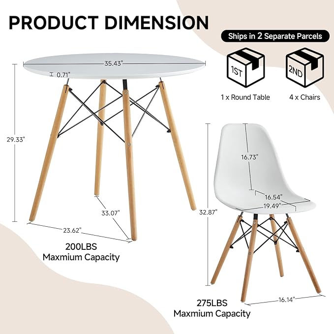Round Dining Table Set for 4 35.5" Wood Dinner Table Circle Dining Room Table Kitchen Table Chairs Set of 4 with Wood Strip Base for Kitchen Living Room Space Saving Apartment(White)