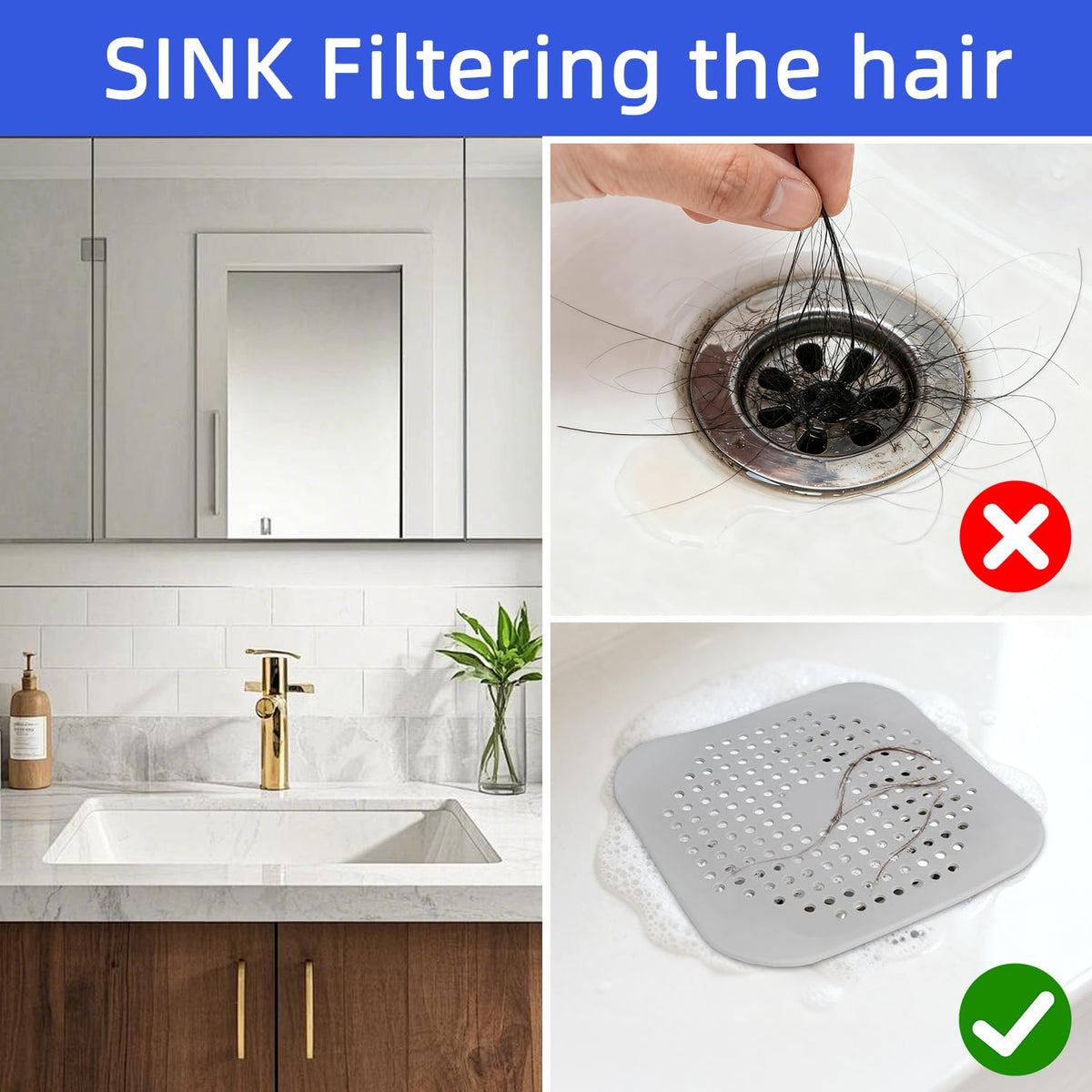 4 Pack Shower Drain Hair Catcher, Silicone Hair Stopper with Suction Cup, Drain Strainer for Bathroom, Bathtub & Kitchen Sink - Grey