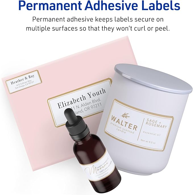 Avery Printable Rectangle Labels, 2" x 4" Blank Labels, Shipping, Matte White, Metallic Gold Border, Permanent Adhesive, Laser/Inkjet Printable, 100 Total (6506)