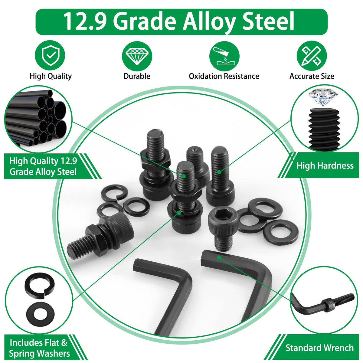 860PCS Metric Screw Assortment Kit, M2 M3 M4 M5 Machine Screws with Lock & Flat Washers, 12.9 Grade Alloy Steel, Metric Hex Socket Head Cap Nuts and Bolts Assortment Kit with 4 Wrenches