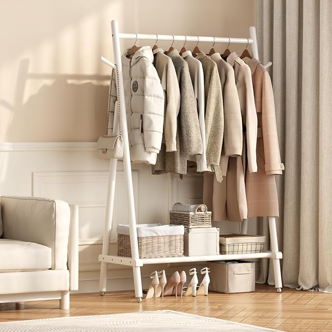Muwuele Solid Wood Clothes Rack, Clothing Rack for Hanging Clothes, Hanging Racks for Clothes with Shelves Load 350 Lbs Garment Rack (White)