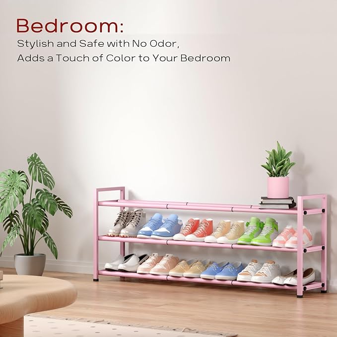 Bumusty 3-Tier Long Expandable Shoe Rack for Closet, 18"-44" Adjustable Shoe Rack for Entryway, 15-18 Pairs Large Shoe Organizer Shelf Storage, Sturdy Metal, Pink