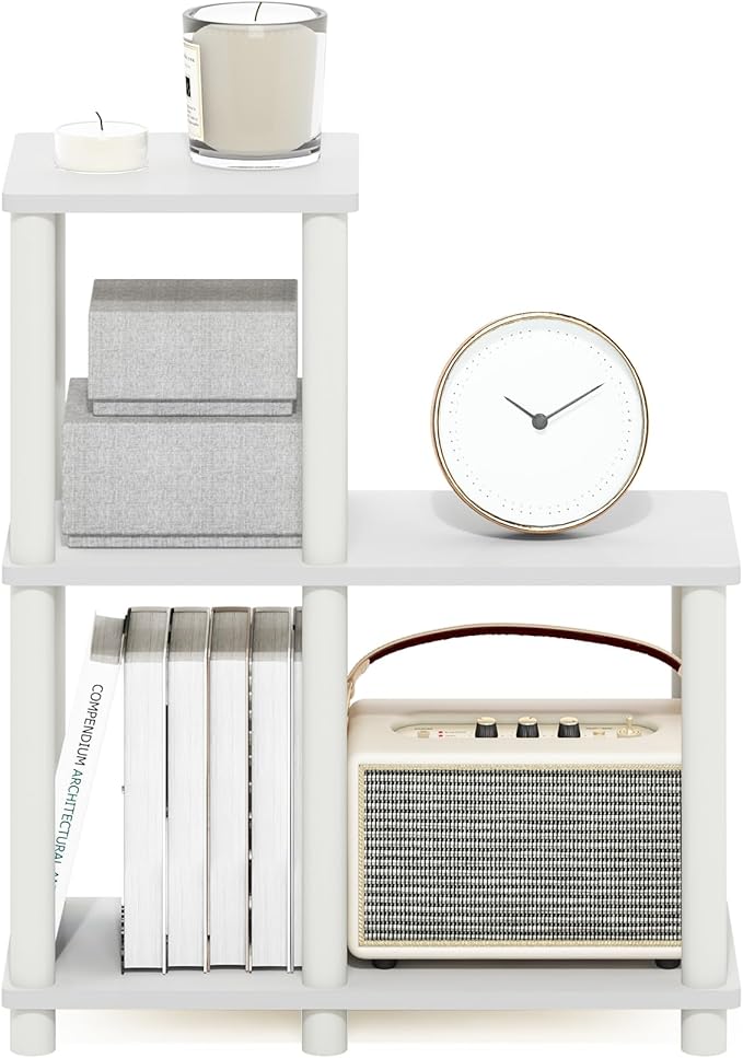 Furinno Turn-N-Tube Storage Shelves, 2-Tier Ladder Shape Book Shelf with Open Frame Design, 5-Cube Corner Shelf, Toolless Open Shelves, Living Room, Garage, Home Office, White