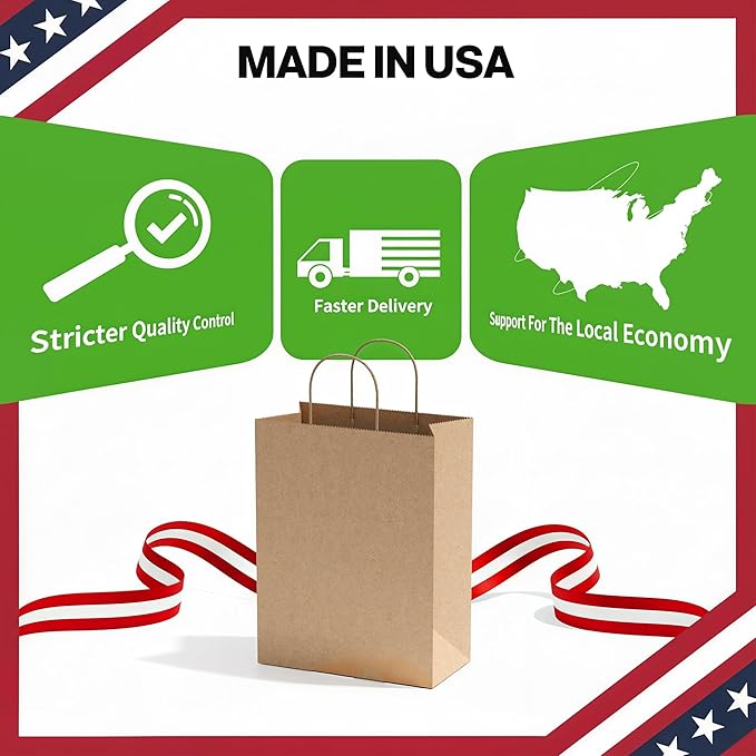 Simple Deluxe Value Pack of 150 Kraft Paper Bags with Handles (10x5x13 Inch) - Made in USA from 90GSM 100% Recycled Paper for Retail, Bulk Savings for Retail, Stores & Gift Packaging