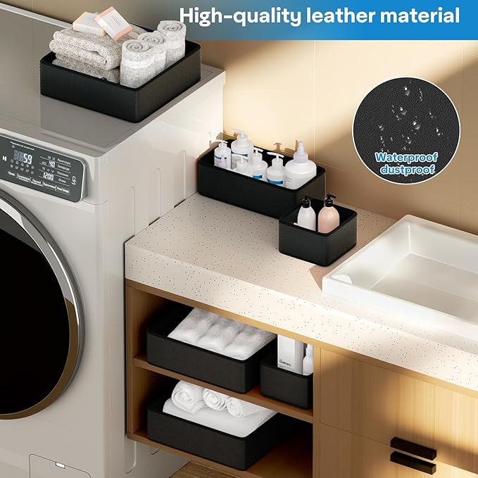 Vegan Leather Drawer Organizers,16 Pack Makeup Storage boxes,Vanity Drawer Luxury upgrade,Bedroom fabric Drawers replacement,bathroom organization and storage Optimal solution