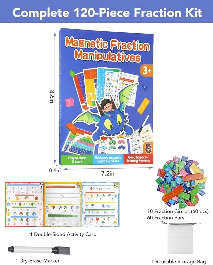 Magnetic Fraction Demonstration Book, Magnetic Fraction Tiles & Circles Educational Puzzle Set, Montessori Fraction Book for Kids, Math Manipulatives for Elementary School