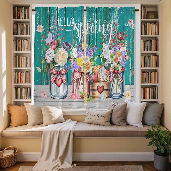 Spring Flowers Kitchen Curtains, Farmhouse Watercolor Teal Wood Grain Light