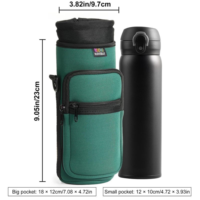 Nuovoware Water Bottle Carrier Bag, 40oz Bottle Pouch Holder, Adjustable Shoulder Hand Strap 2 Pocket Sling Neoprene Sleeve Sports Accessories for Hiking Travelling, Dark Green