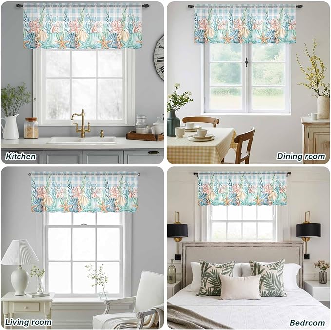 Summer Beach Sheer Valance Curtains, Ocean Colorful Coral Shell Seaweed