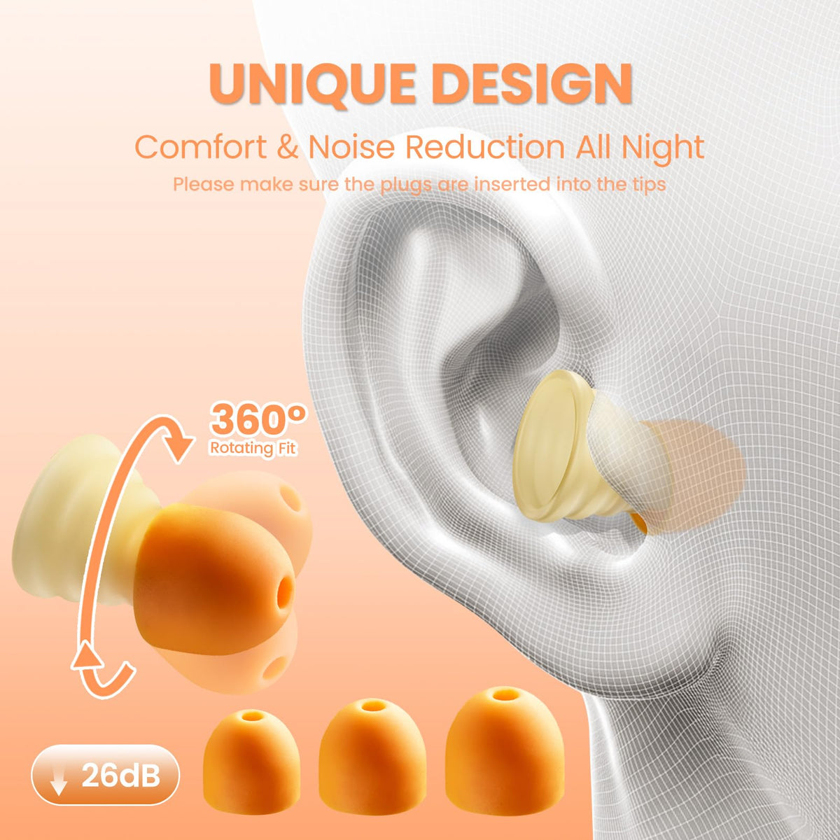 ZEROPLUS Ear Plugs for Sleeping Side Sleeper,Comfortable Ear Plugs for Noise Reduction-26 dB, 360 Rotating Fit&3 Adjustable Sizes, Ideal for Sleep,Focus,Travel and Those Sensitive to Noise