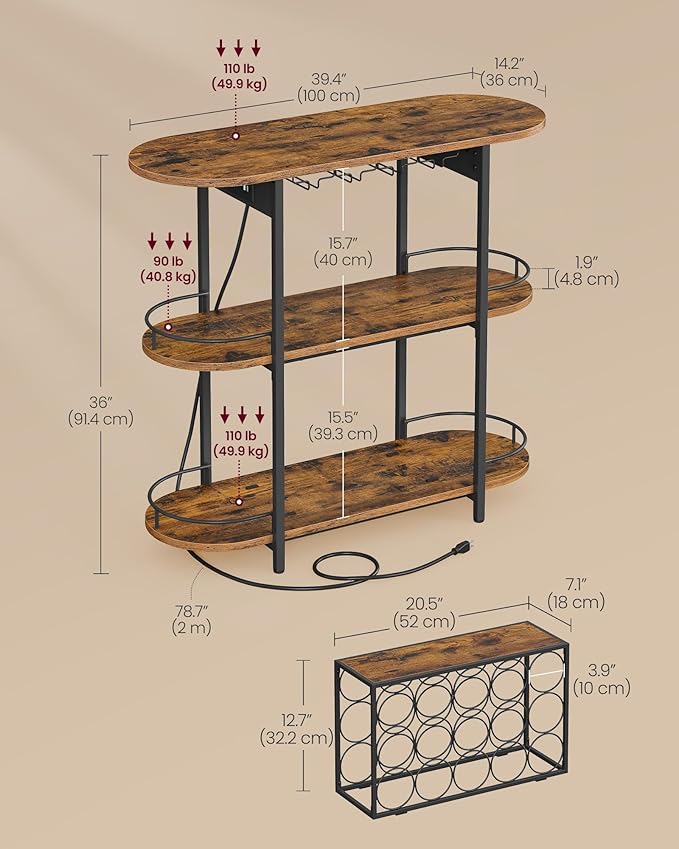 VASAGLE Bar Cabinets for Home, LED Coffee Bar with Power Outlets, Home Mini Bar for Liquor, Freestanding Wine Rack with Glass Holder, Kitchen, Dining Room, Rustic Brown ULWR007K01