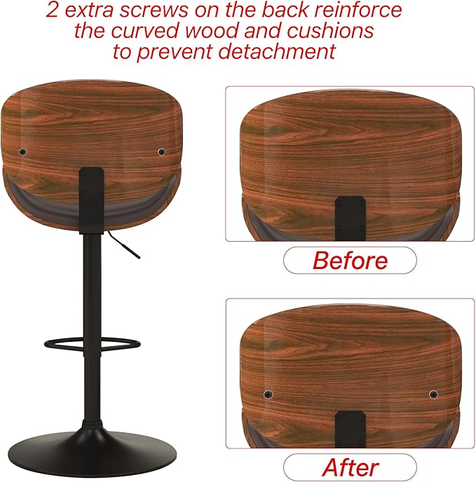 KCC Bar Stools, Swivel Adjustable Height Barstools, PU Leather Upholstered Bar Chairs with Footrest, Bentwood Bar Stool for Kitchen, Bar, Dining Room(Brown PU)