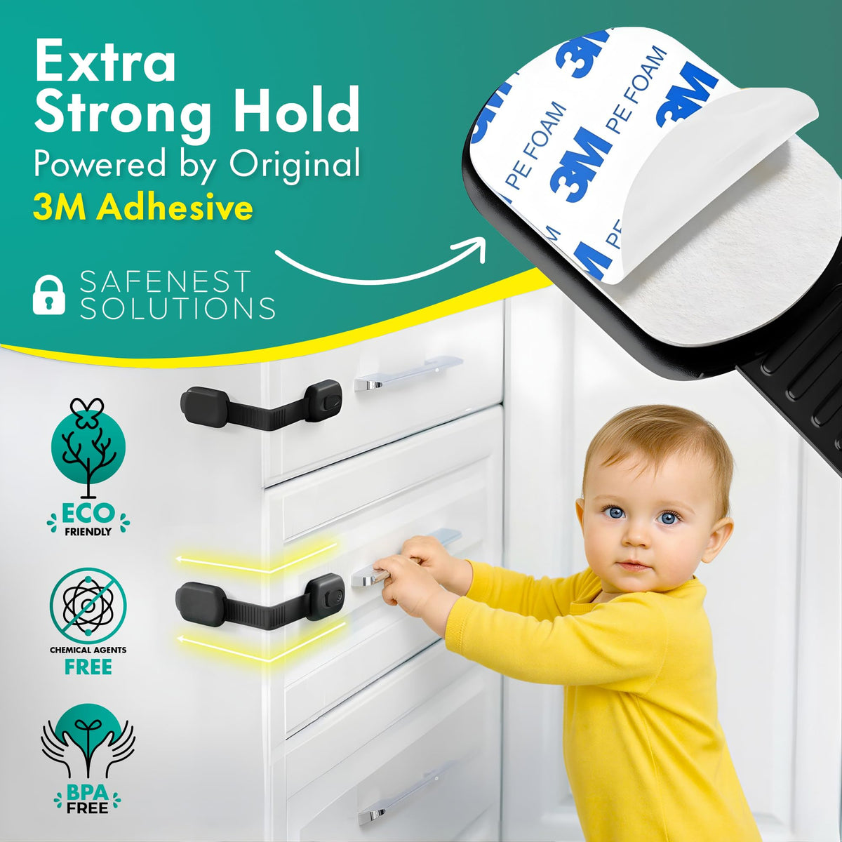 SAFENEST Child Proof Cabinet Locks (5 Pack Black) 3M Adhesive for Cabinets and Drawers, Fridge, Drawer Locks Baby Proofing, No Drilling; Alcohol Prep Pads Included