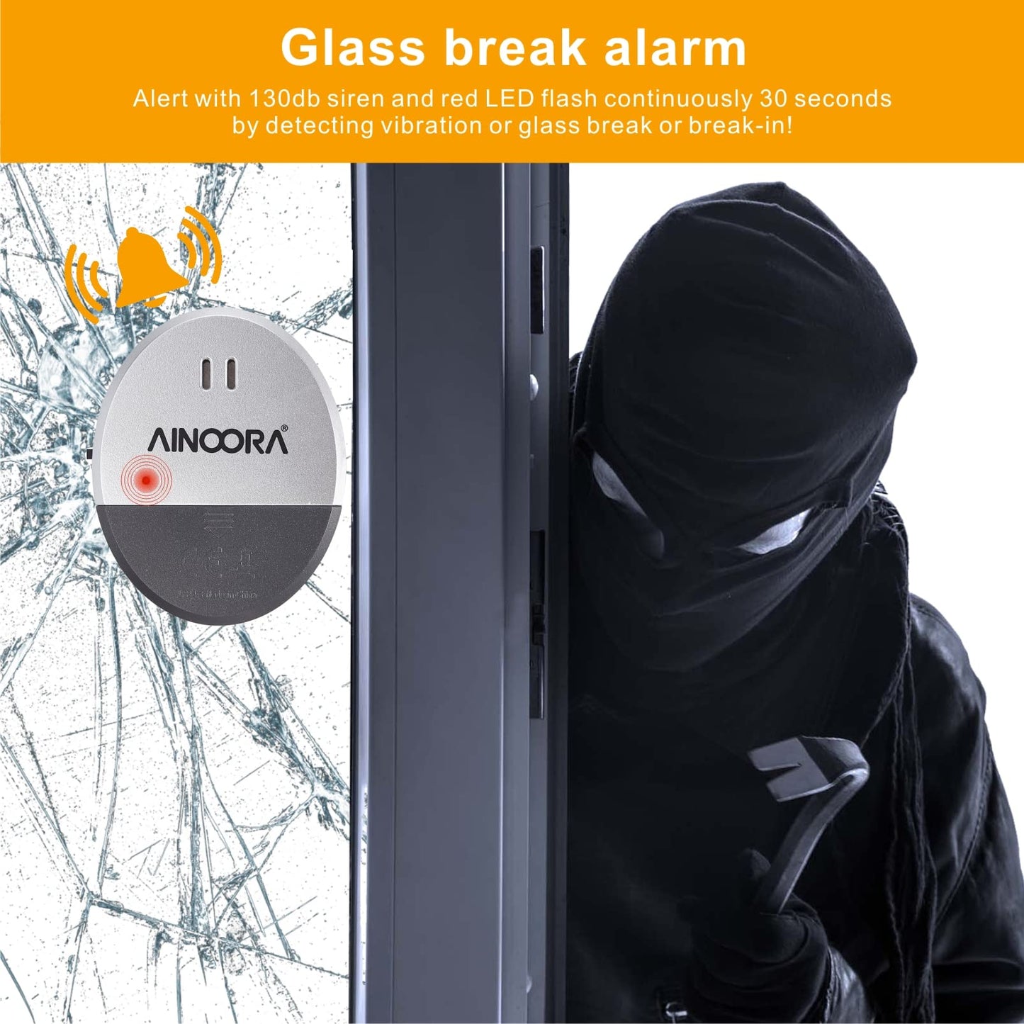 Window Alarm Sensors 4 Pack, Glass Break Sensor 130DB Loud Window Vibration Alarms, Burglar Intruder Entry Detector for Indoor Home Office Apartment & RV Security