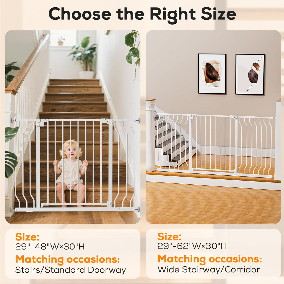 MUTAK 29-43" Baby Gate for Stairs, Baby Safety Essentials, Auto Close Gate for Doorways, Easy Install Pressure Mounted Dog Gate Indoor, Pet Gates for Dogs, White