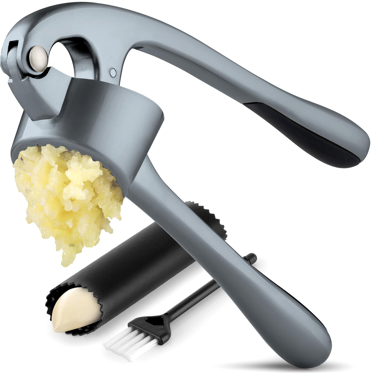 Zulay Kitchen Premium Garlic Press Set - Rust Proof Professional Garlic Mincer Tool - Easy-Squeeze, Easy-Clean with Soft Handle - Silicone Garlic Peeler & Brush (Rose Gold)