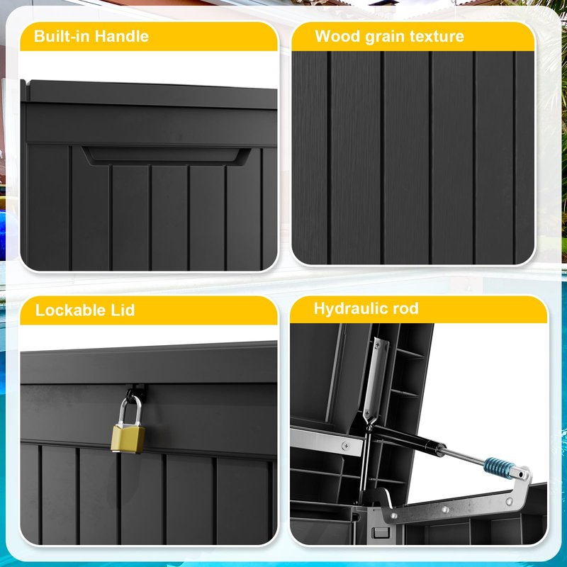 PatioZen 280 Gallon Outdoor Deck Box,Waterproof Resin Outdoor Storage Boxes, Outside Storage Lockable Container for Garden Tools,Indooor Cushions,Accessories (Black)