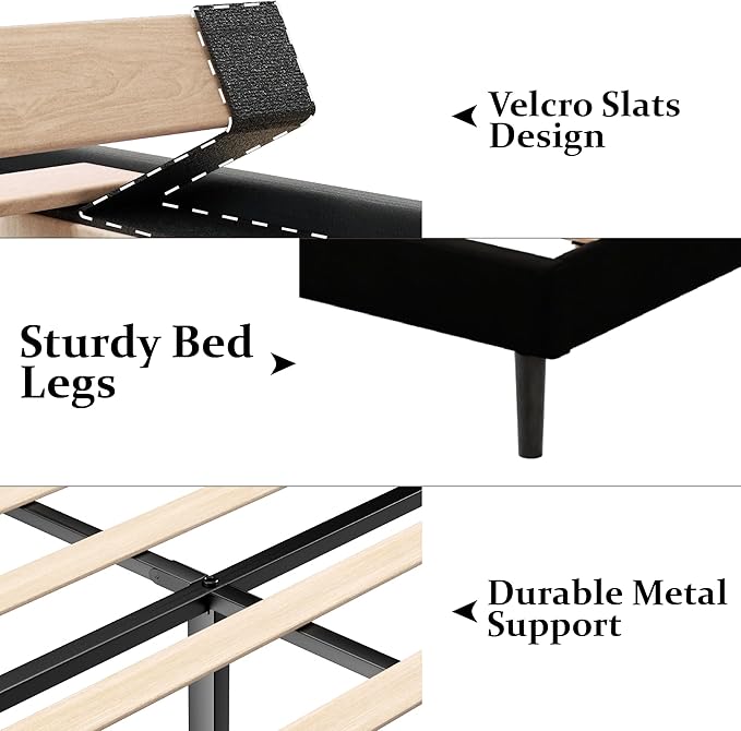 Full Size Bed Frame with Upholstered Wingback Headboard, Easy Assemnly Platform Bed, Wooden Slat Support No Box Spring Needed, Black