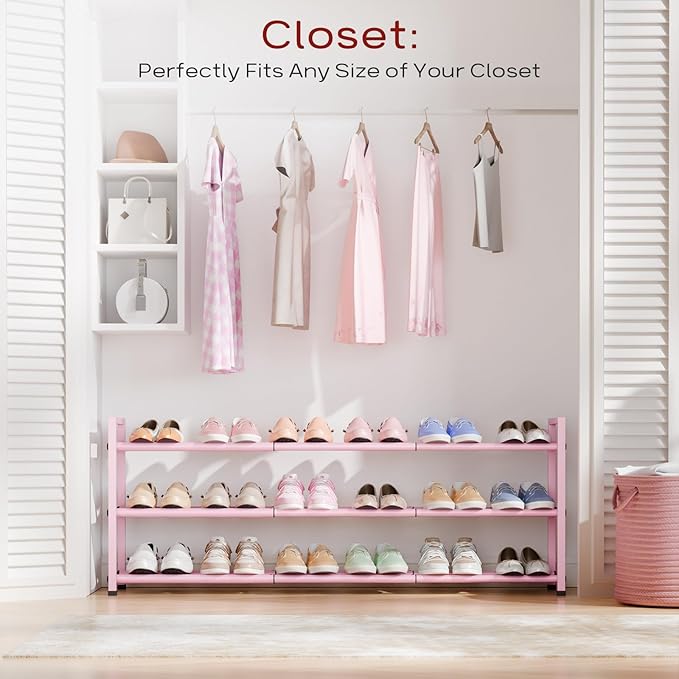 Bumusty 3-Tier Long Expandable Shoe Rack for Closet, 18"-44" Adjustable Shoe Rack for Entryway, 15-18 Pairs Large Shoe Organizer Shelf Storage, Sturdy Metal, Pink