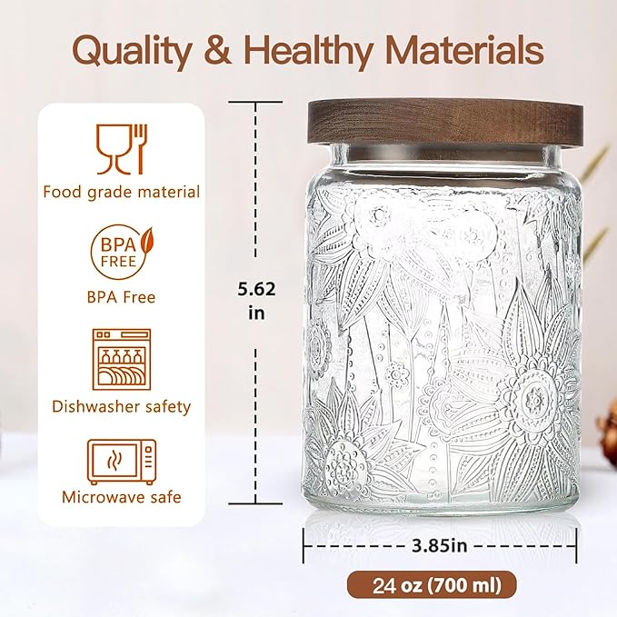 24 OZ Airtight Glass Storage Jar with Bamboo Lid - Vintage Glass Jar Vintage Food Containers Canisters Set for Kitchen Counter & Pantry - Ideal for Sugar, Flour, Coffee, Tea, Candy, Oats -4 Pack