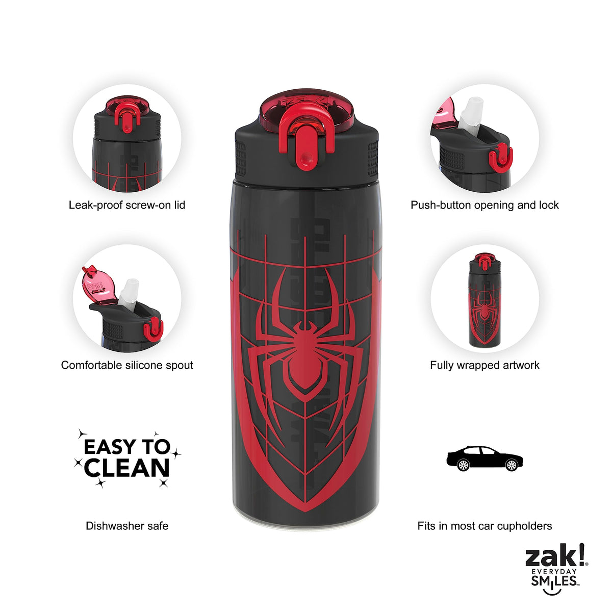 Zak Designs Spider-Man 25oz Leak-Proof Straw Kids Water Bottle, Plastic