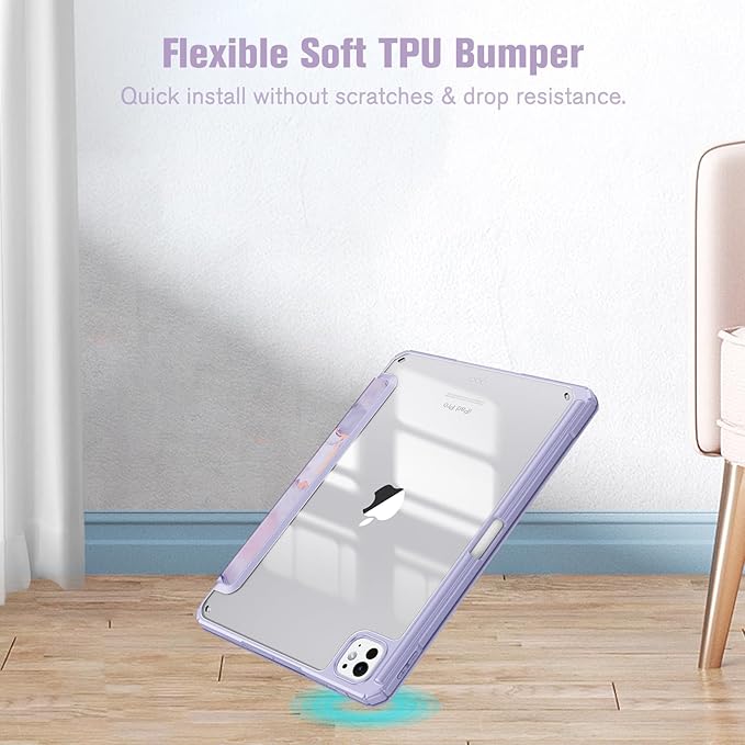 Fintie Hybrid Slim Case for iPad Pro 11-inch (M5) 2025 / (M4) 2024 - [Built-in Pencil Holder] Shockproof Protective Cover with Clear Transparent Back Shell, Lilac Marble