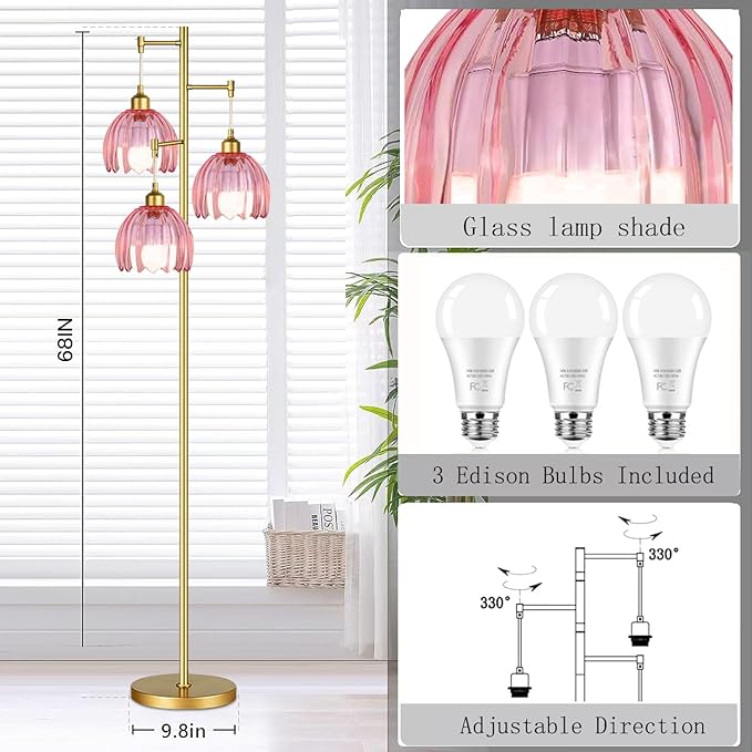 Gold Floor Lamps for Living Room Bedroom-3 Light Vintage Floor Lamp with Glass Lampshape & Three Bulbs,Mid Century Modern Standing Lamp Tall Tree Flower Floor Lamps for Bedroom Living Room,Corner