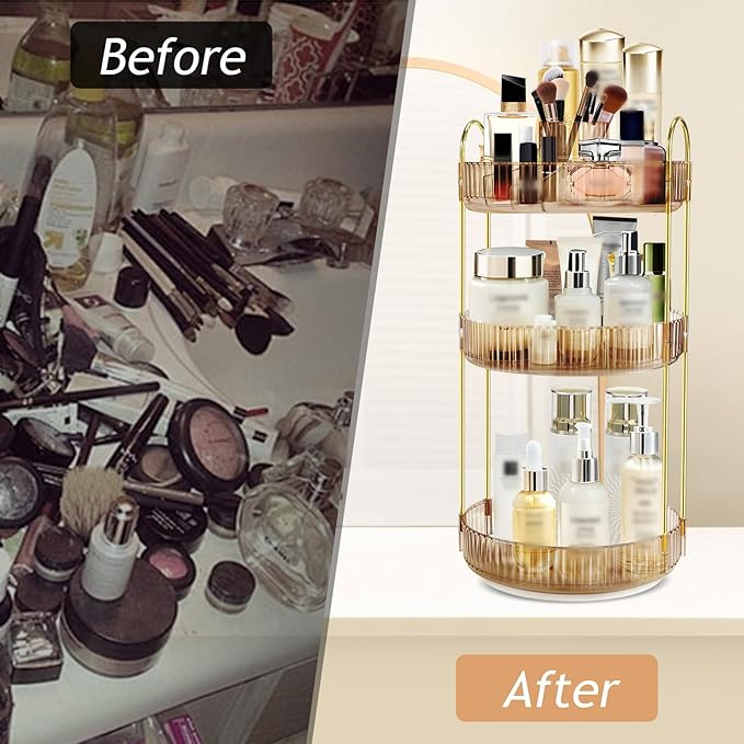 360 Rotating Makeup Organizer for Vanity,3 Tier Large Capacity Skincare Organizers,Bathroom Counter Organizer, transparent Spinning Perfume Organizer & Vanity Organizer (NEW-GOLD, 3 Tier)
