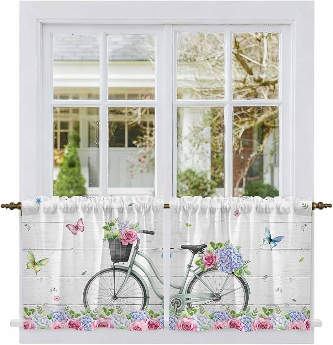 Spring Tier Curtains, Bicycles Botanical Rose Leaves Butterfly Wood Grain Light