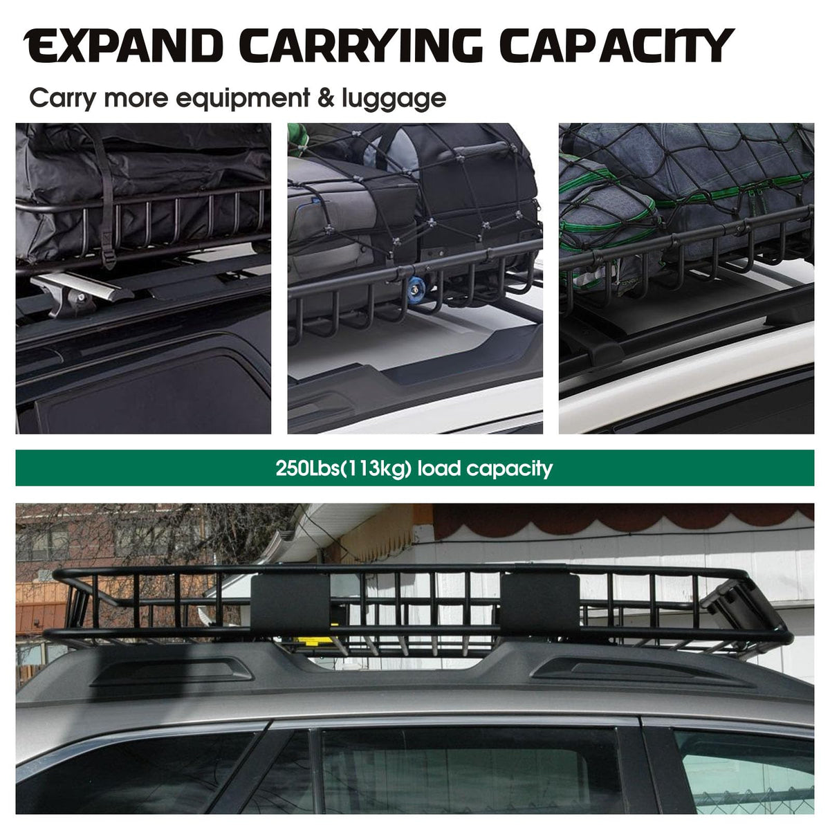 FORWODE 250LBS Universal Roof Rack Basket, 64"x39"x6" Rooftop Cargo Carrier Rack + Waterproof Cargo Bag 15 Cubic Feet(43"x34"x17")
