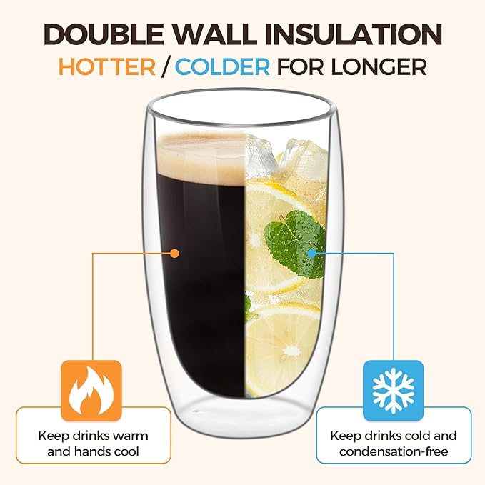 ComSaf 15oz Double Wall Glass Coffee Mugs, Insulated Latte Cups Set of 2, for Coffee, Espresso, Tea, Milk, Clear Cappuccino Cups Set Glassware Gift for Christmas Birthday