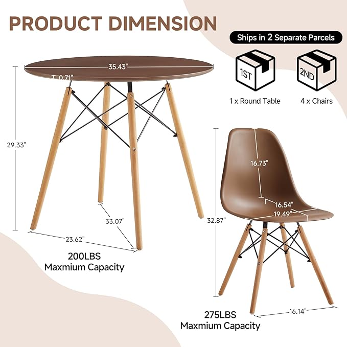 Round Dining Table Set for 4 35.5" Wood Dinner Table Circle Dining Table Kitchen Table Chairs Set of 4 with Wood Strip Base for Kitchen Living Room Space Saving Apartment(Brown)