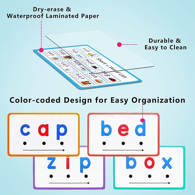 CVC Words Writing & Spelling Cards, Phonics Flash Card, Beginning Phonics Word Builders, Sorting Spelling Word Learning Aids, Speech Therapy, 60 Learning Educaitonal Cards, for Preschool Kindergarten