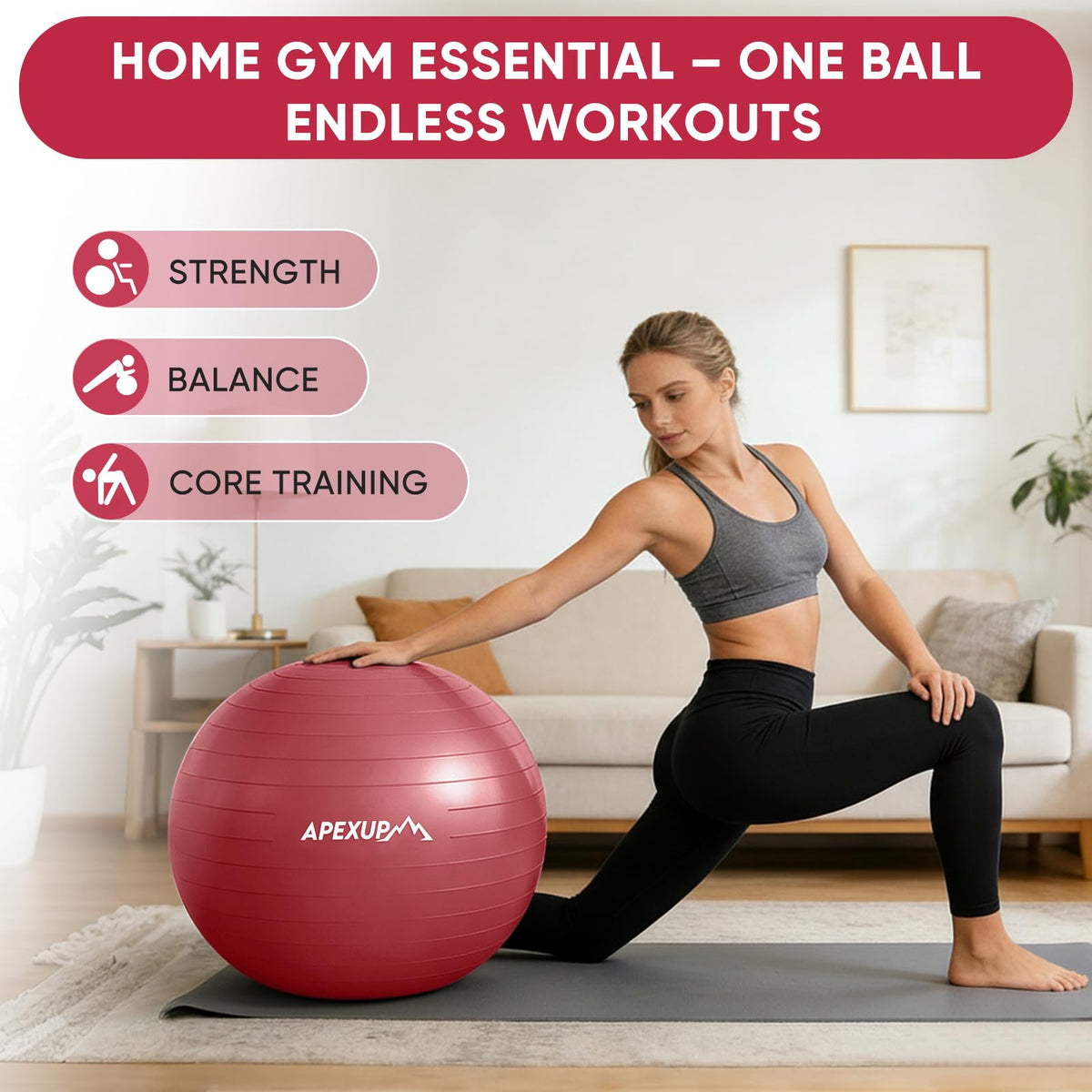 APEXUP Yoga Ball, 660 lbs Anti-Burst Exercise Ball with Pump, 5 Sizes (XXL(31"~34") 85cm, Red)