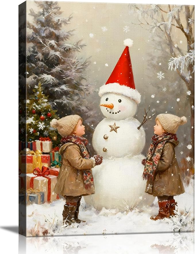 Vintage Snowman with Children Christmas Canvas Wall Art - Rustic Winter Scene Framed Prints for Livingroom & Bedroom, Cozy Farmhouse Christmas Wall Art, Unique Christmas Gifts & Festive Decorations