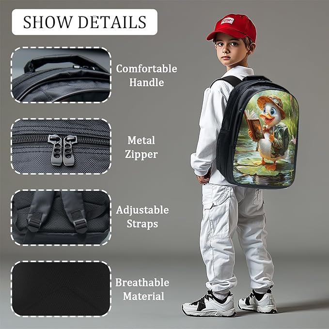 Funny Duck Backpack Set 3 Piece School Bags and Lunch Box with Pencil Case Cute Duck Reading Bookbag Set for Toddler Kids Girls Boys Teens Kindergarten Elementary Middle