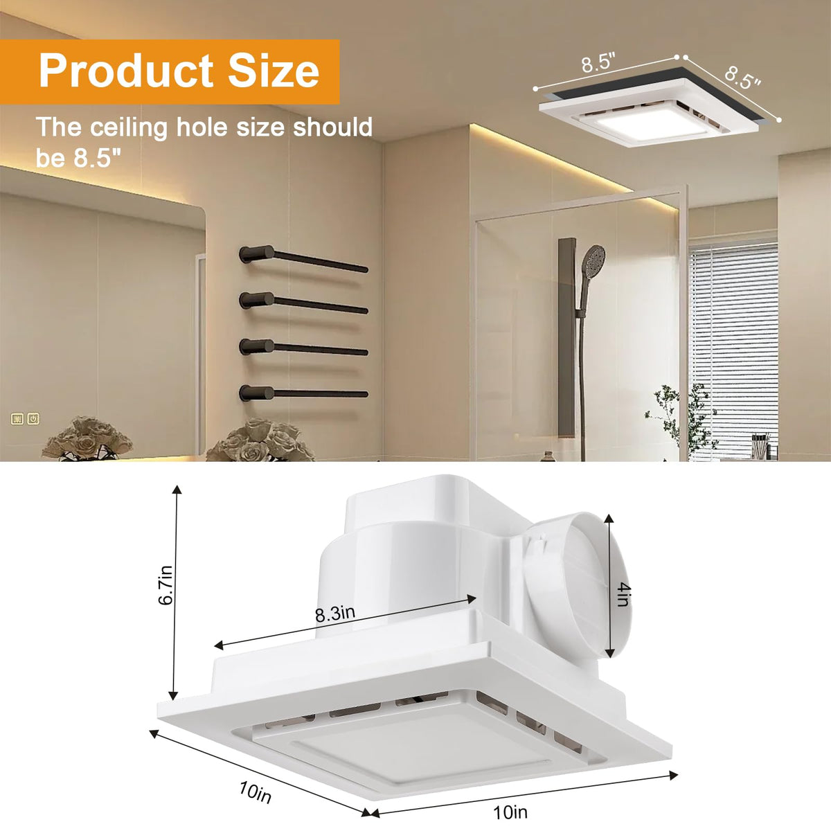TOYOUSEA 10" Ultra Quiet Bathroom Exhaust Fan with Light 6500K LED 1.0 Sone 145 CFM, 8.3x8.3 Mount, 1500 LM Ceiling Ventilation Fan