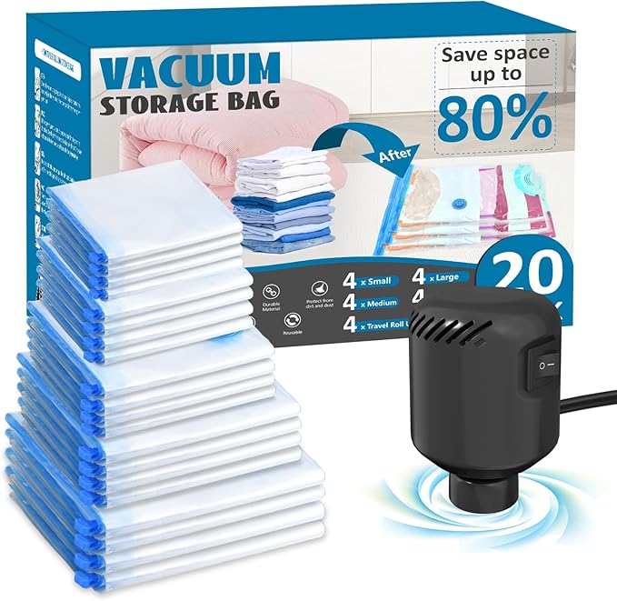 kissleaf 20 Pack Vacuum Seal Bags for Clothing with Electric Air Pump, Space Saver Vacuum Storage Bag for Clothes, Mattress, Blanket, Duvets, Pillows(4 Jumbo/4 Large/4 Medium/4 Small/4 Roll Up Bags)